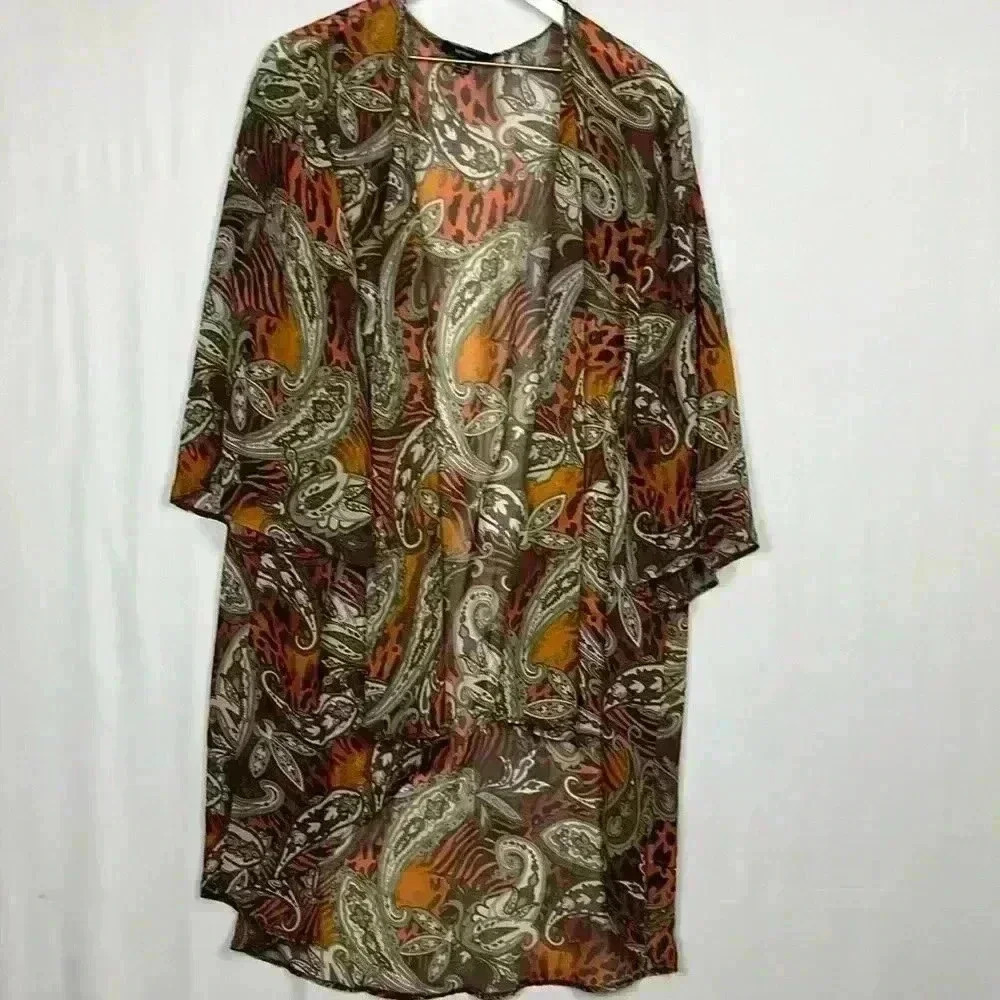 Expresso Womens Kimono/Duster Burnt Orange Black 3X Waterfall Sheer Paisley EUC